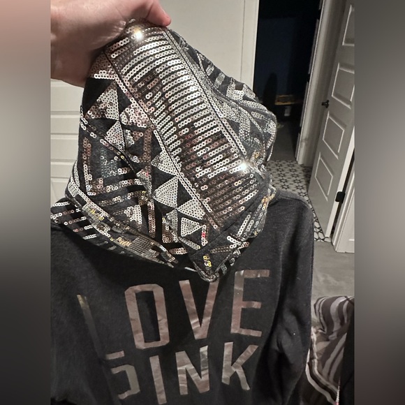 PINK Victoria's Secret Tops - Victorias Secret Pink Gray metallic sequined zip up hoodie